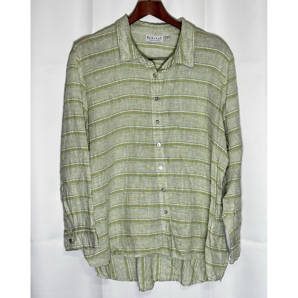 Habitat Clothes To Live In 100% Linen Green White Button Front Top Size XL - NEW